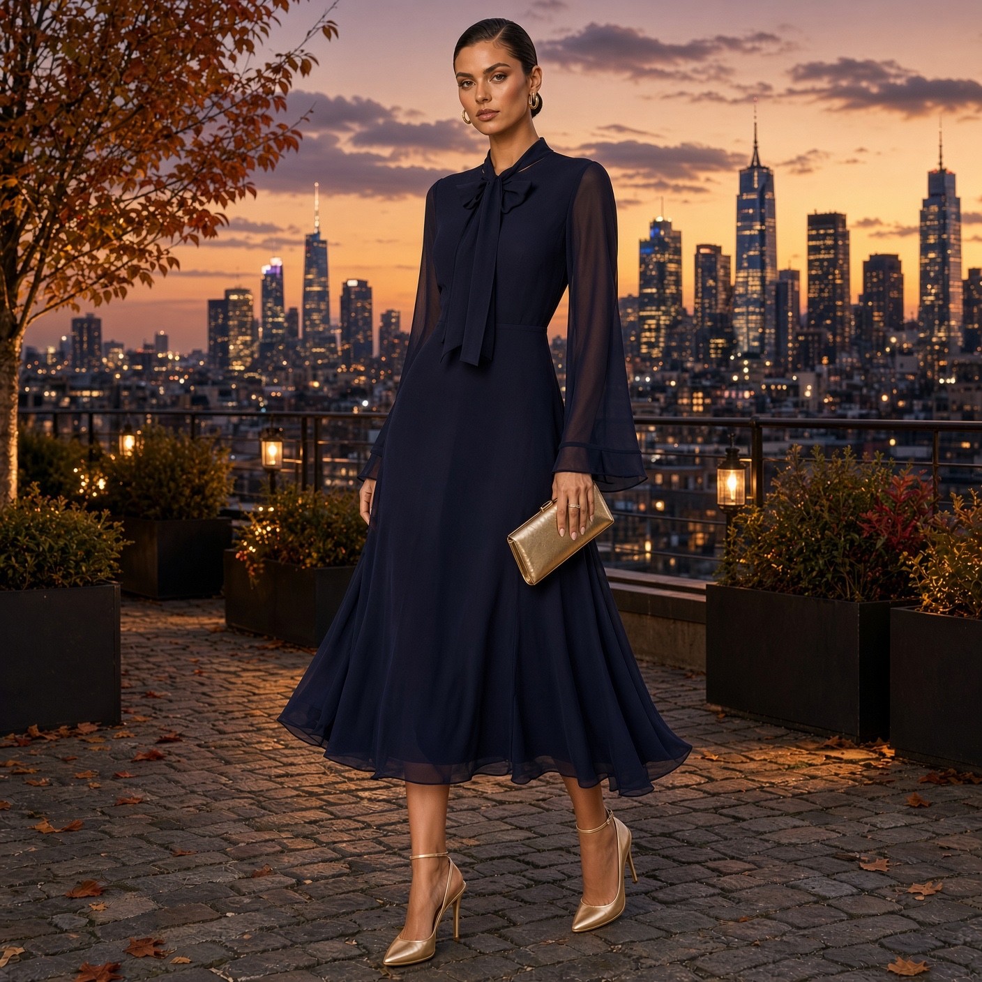ASTR the Label Tie Neck Chiffon Midi Dress - Navy Blue 
