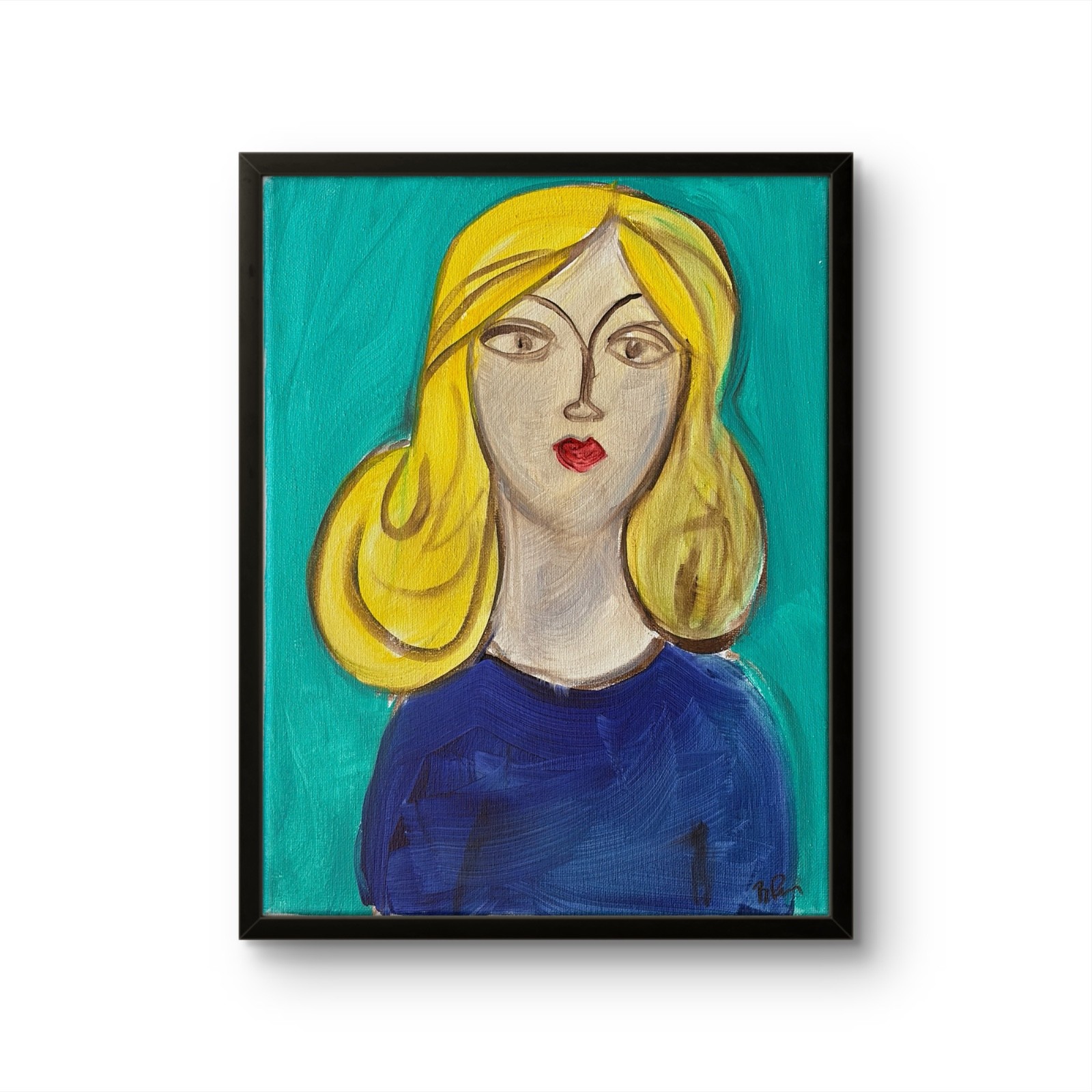 B.Perry Original Acrylic 14x11 Folk Blonde Woman Portrait Painting Signed Canvas