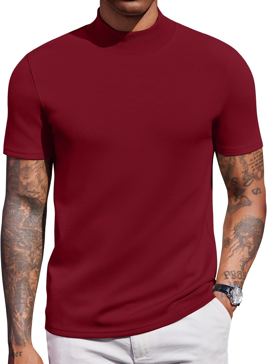 Adult Men's Mock Neck Short Sleeve T-Shirt Layering Fall Casual Soft Stretch