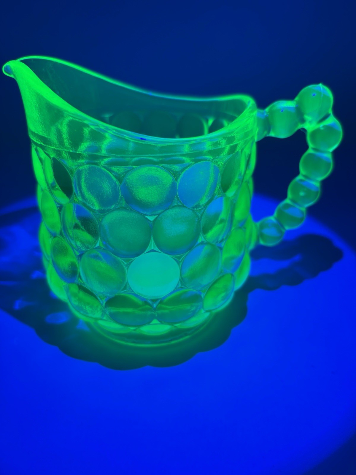 Vtg HTF Westmoreland Yellow Uranium Glass Thousand Eye Child’s Pitcher UV Glower