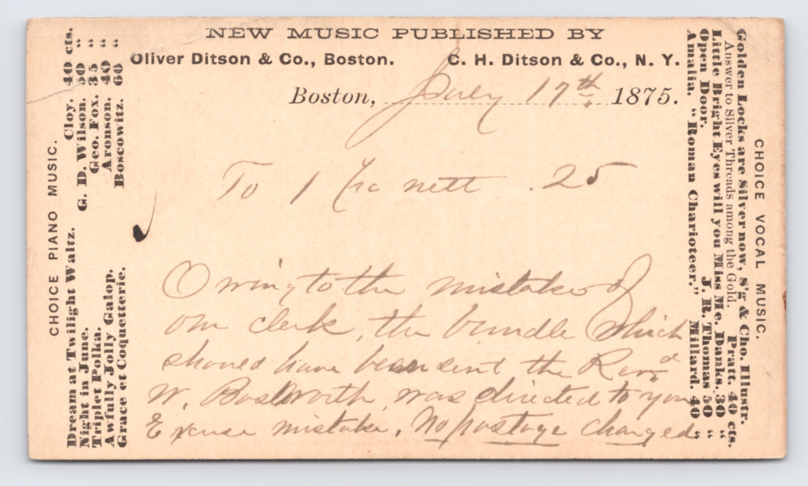 1875 Oliver Ditson & Co Postal Card Boston MA Sheet Music Advertising