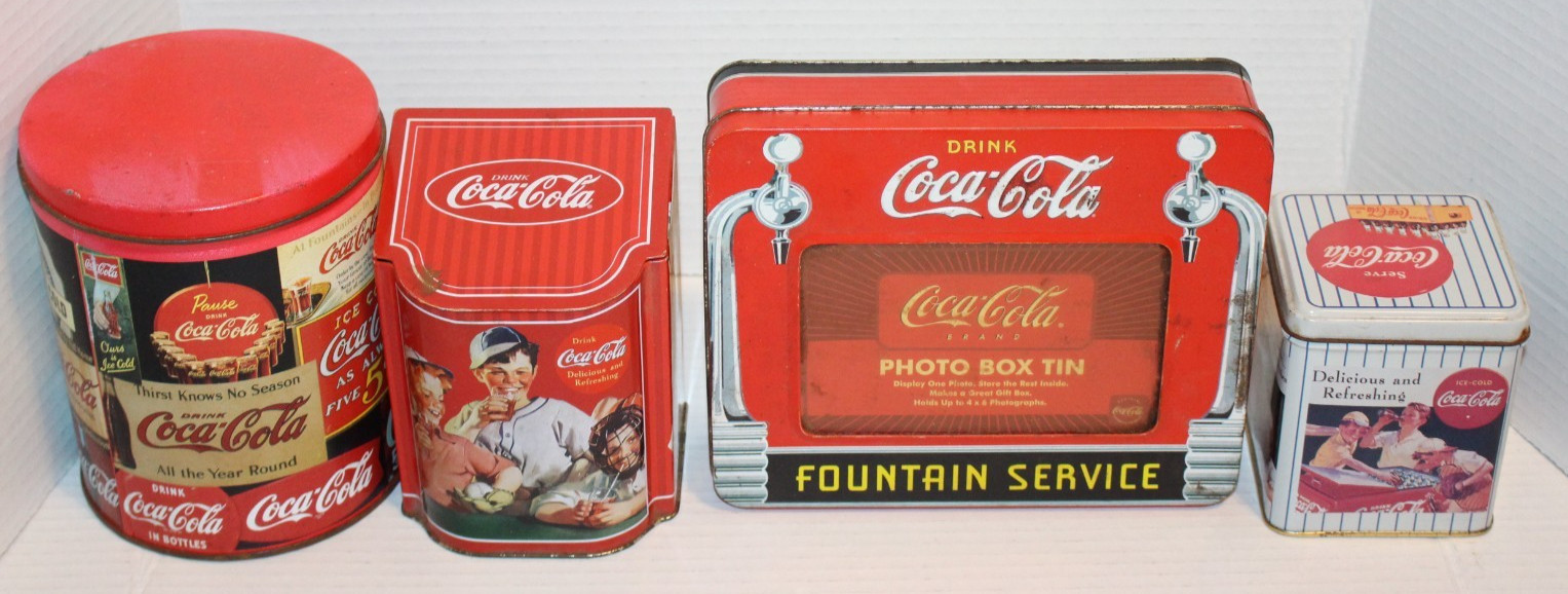 Lot of 4 Coca-Cola vintage colectable tin containers plus campbells soup tin