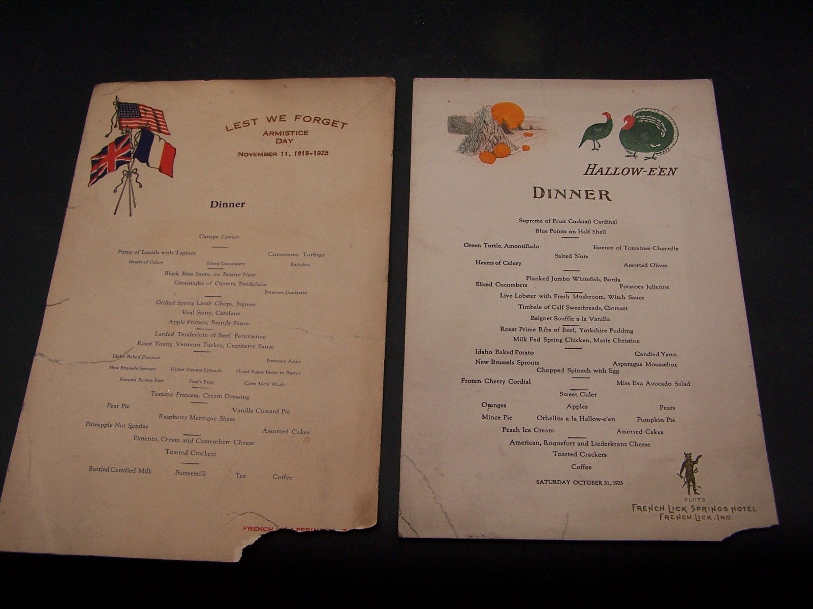 LOT OF 2 ANTIQUE 1925 FRENCH LICK SPRINGS HOTEL INDIANA PAPER DINNER MENU PLUTO