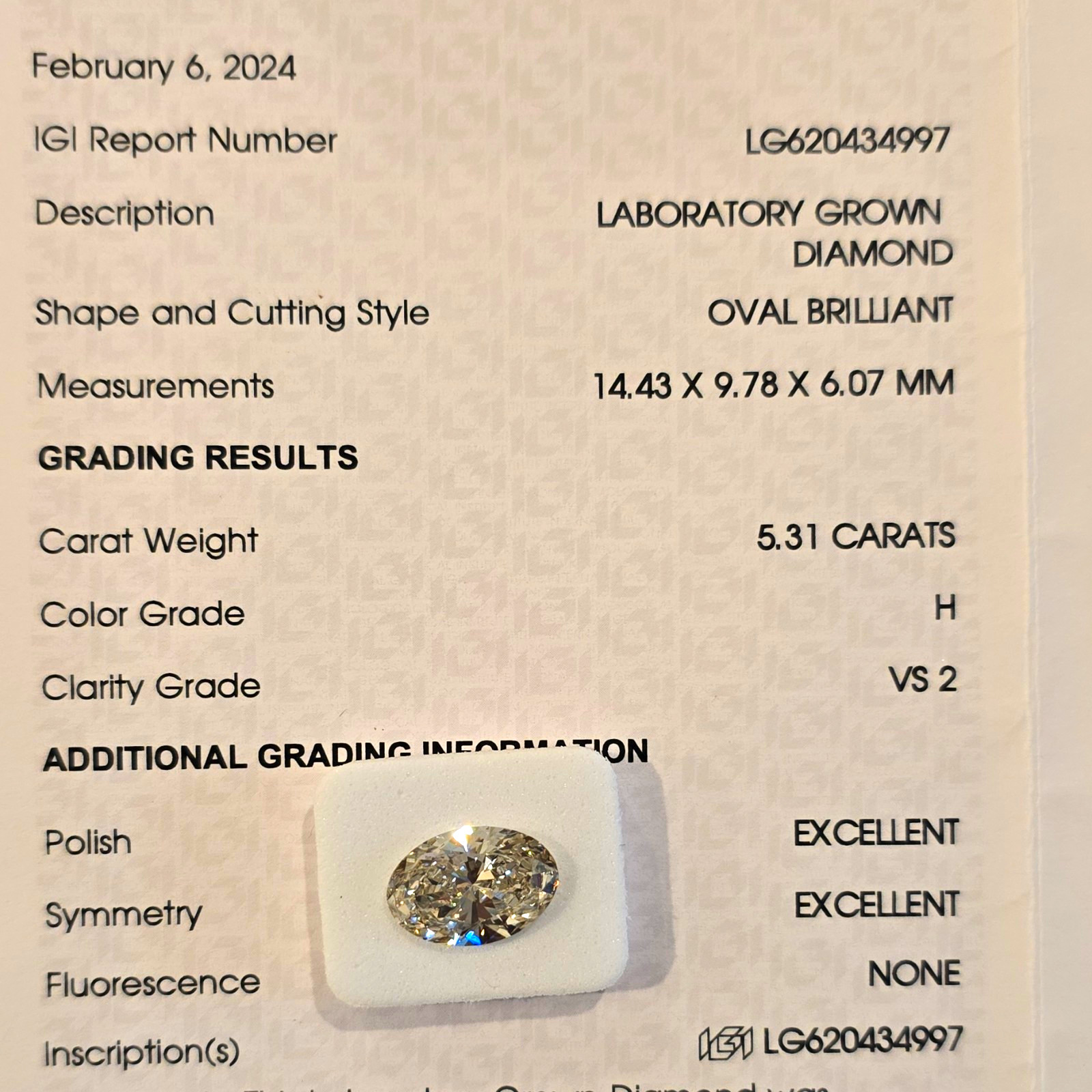 Lab Grown Diamond 5.31 Ct Oval Brilliant H VS2 IGI LG620434997 14.43x9.78 Lab Grown Diamond 5.31 Ct Oval Brilliant H VS2 IGI LG620434997 14.43x9.78