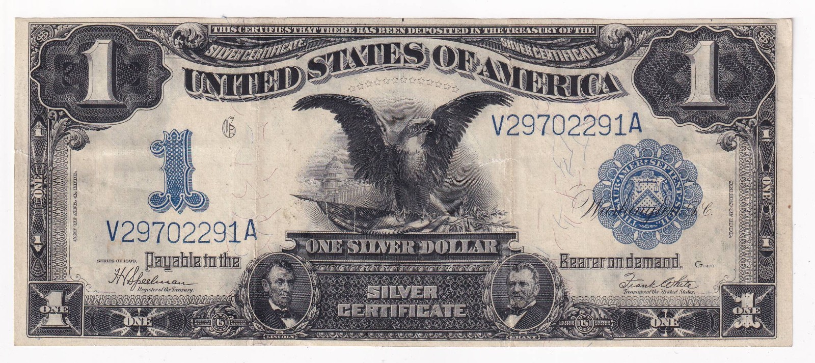 Large Size. Series 1899 Silver Certificate Serial # V 29702291 A