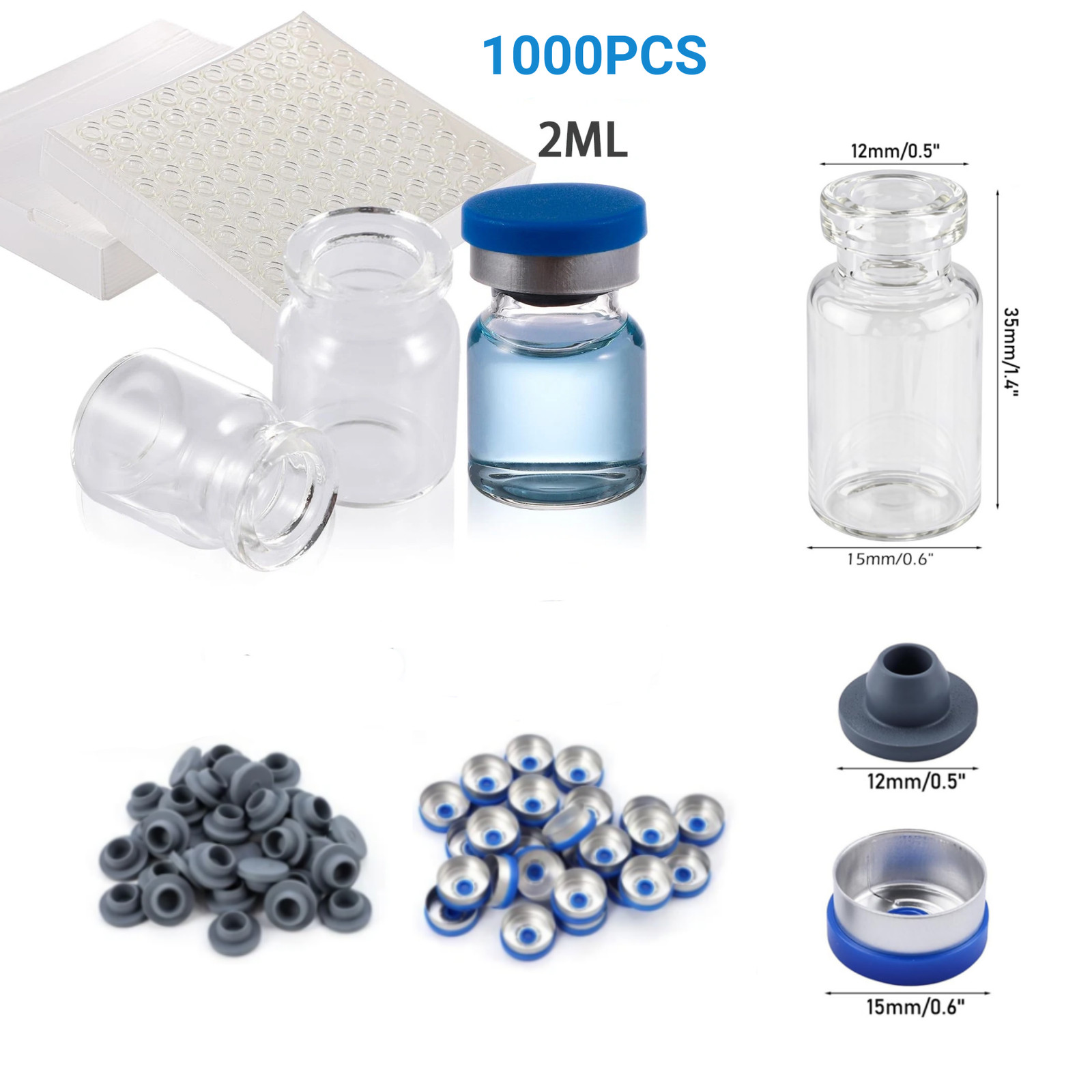 100-1000PCS 2/3/5/10/ml Glass Vials Headspace Vials Lab Sample Vials with Caps