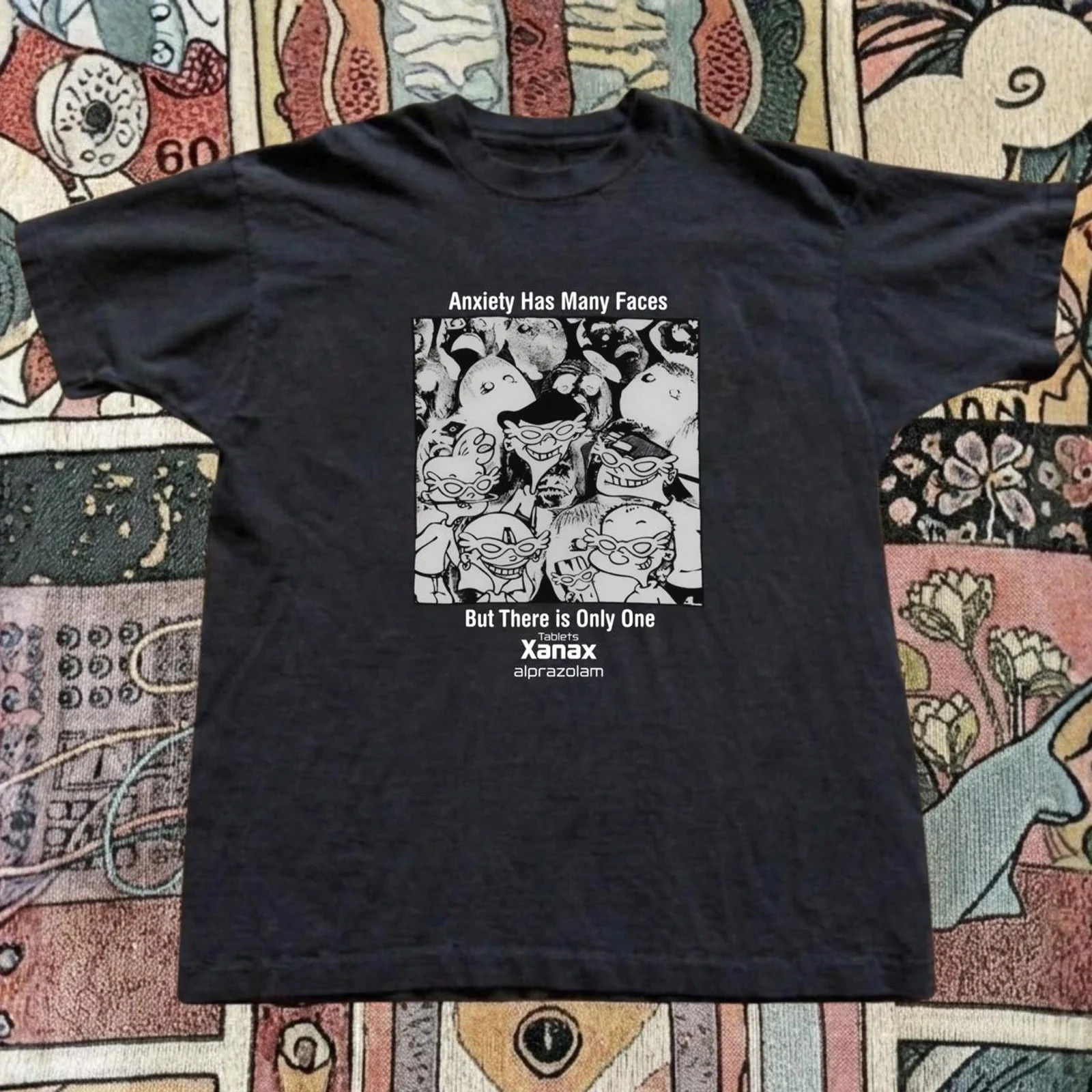 Xanax Anxiety Has Many Faces Graphic Tee Unisex 2XL Black Streetwear Y2K Shirt