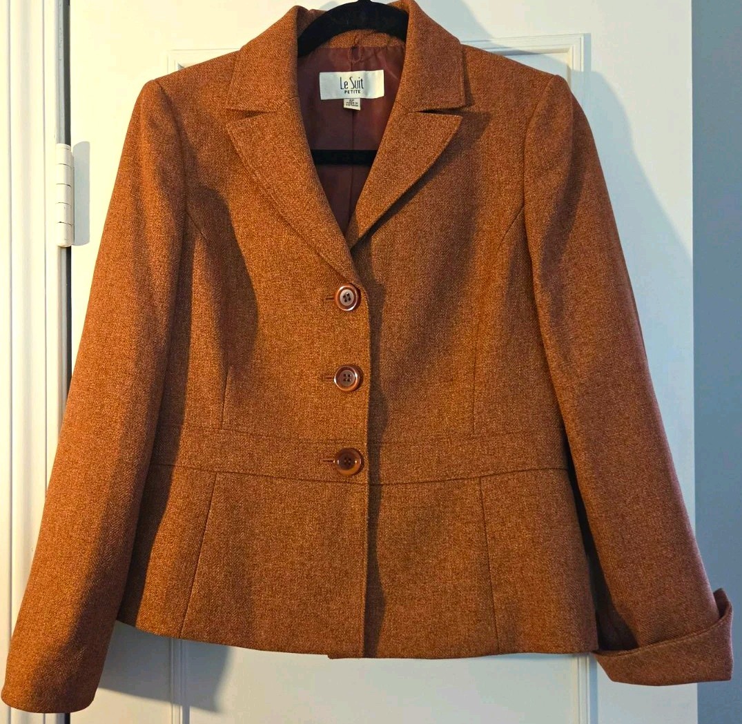 Vintage Le Suit Women Petite 6P Brown Lined Notch Blazer Single Breasted