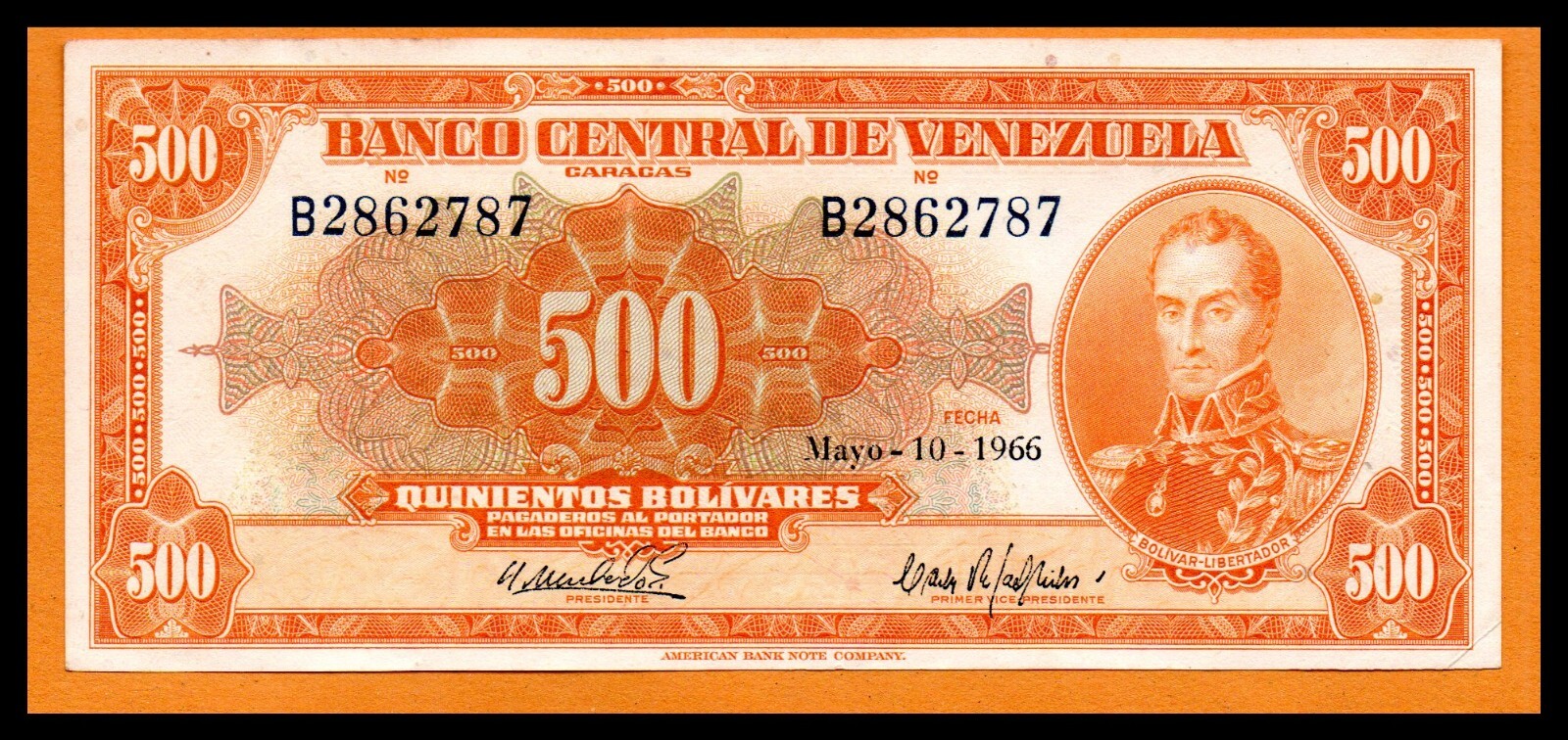 Venezuela AU Note 500 Bolivares May 1966 P-37b CANARIO Prefix B Banknote