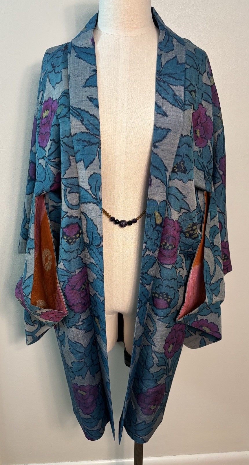 Authentic Japanese Silk Haori Jacket with Amethyst Closure Stunning