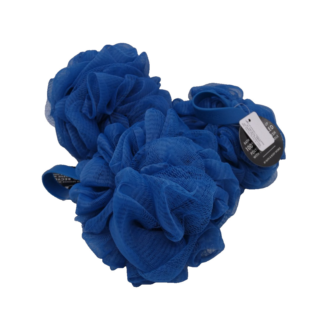 3 Bath & Body Works Blue Loofah Sponge Pouf Scrubbie Scrubby Silicon Strap Mesh