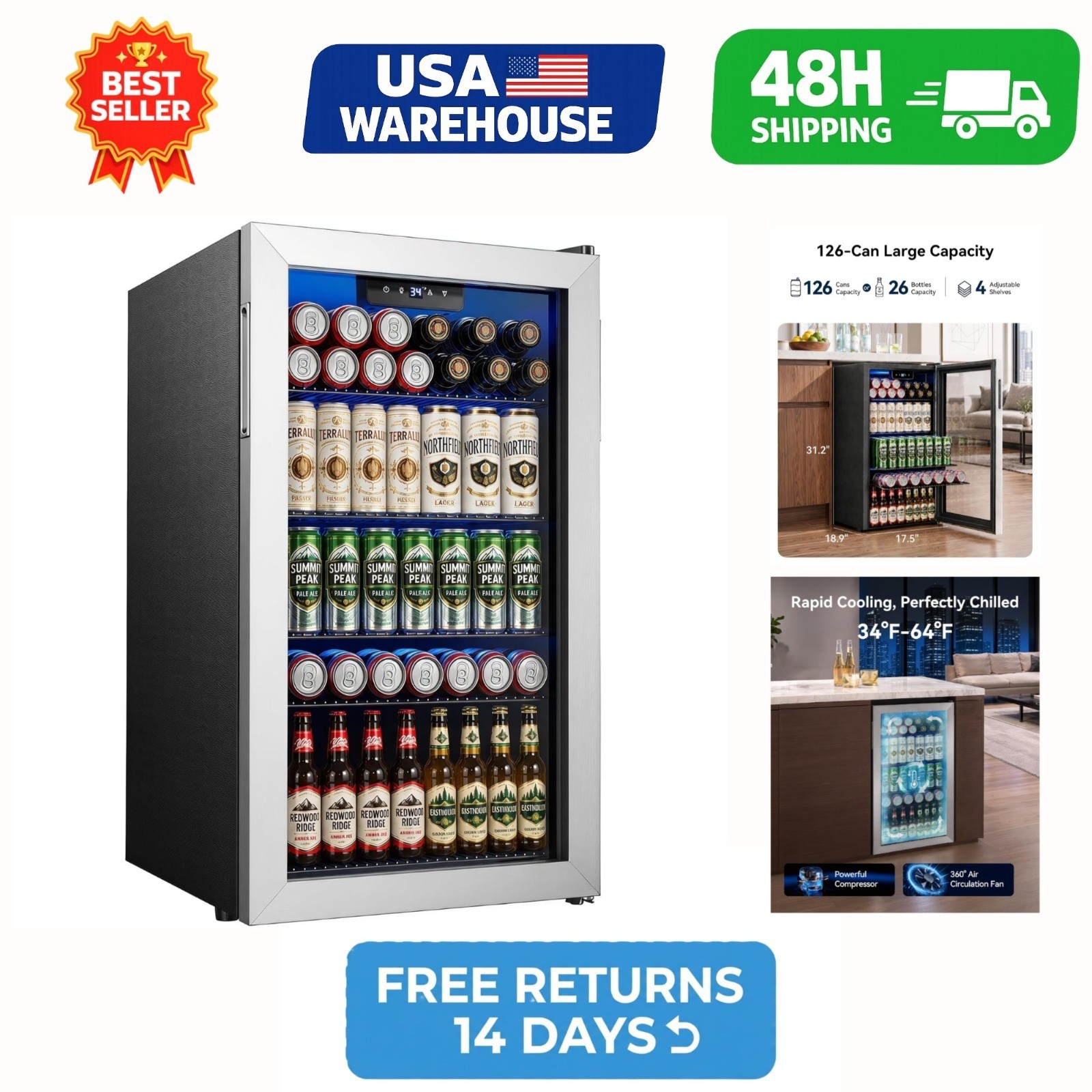 Feelfunn 3.2 Cu Ft Beverage Refrigerator 126 Can Glass Door Mini Fridge