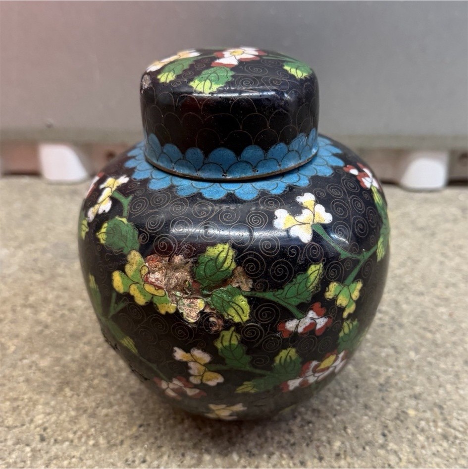 Vintage Chinese Cloisonne Enamel Ginger Jar Black Floral Tea Caddy Vase CHINA