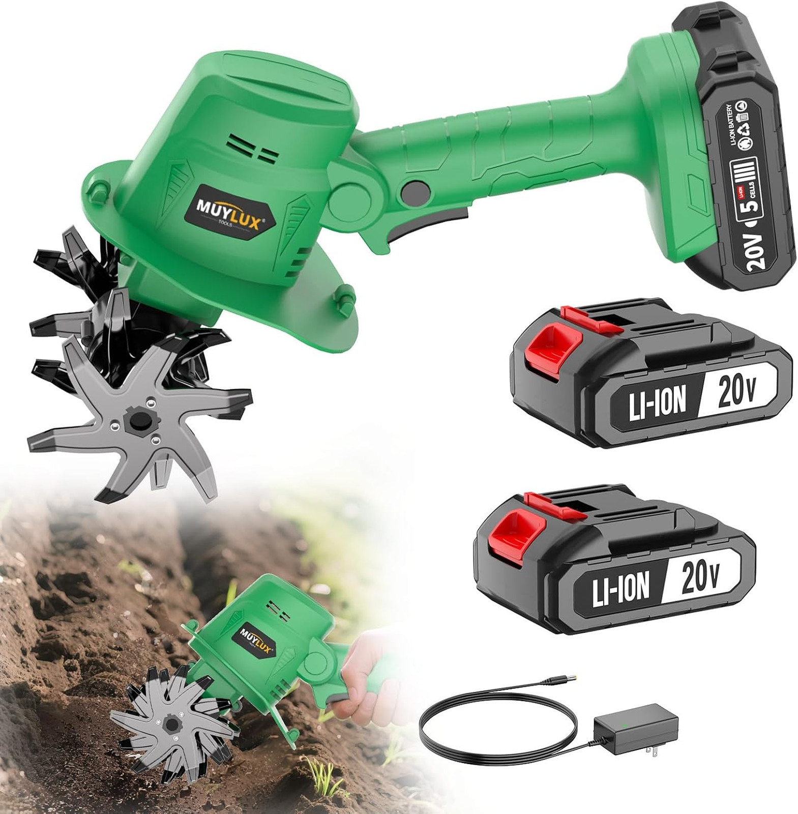 20V Cordless Tiller Cultivator for Gardening, Electric Garden Tiller with 2 x