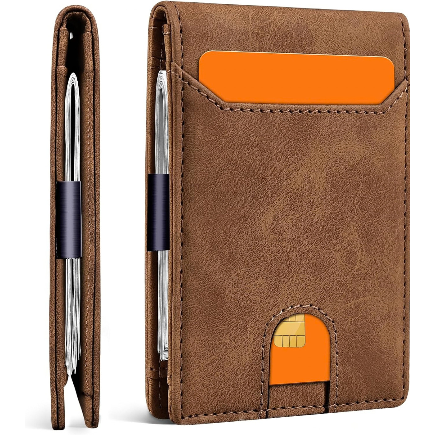 Men\'s Slim RFID Wallet Bifold Leather Money Clip 11 Card Slots Brown