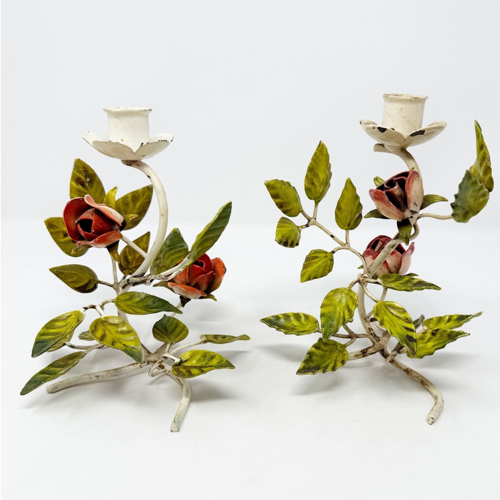 Pair of Vintage Italian Toleware Candle Holders Hand Painted Roses Leaves Metal