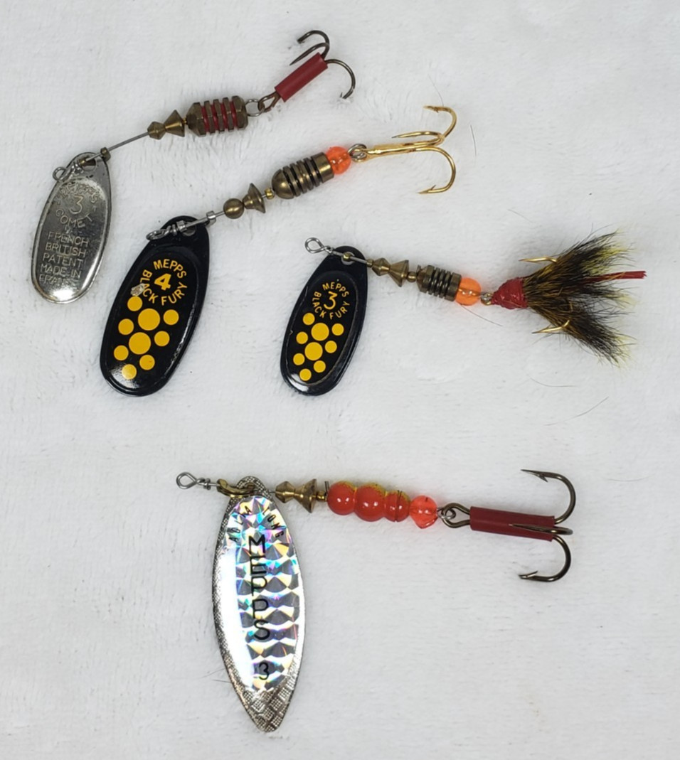 Lot of 4 Vintage Mepps Fishing Lures Black Fury 3 & 4 Aglia 3 Inline Spinners