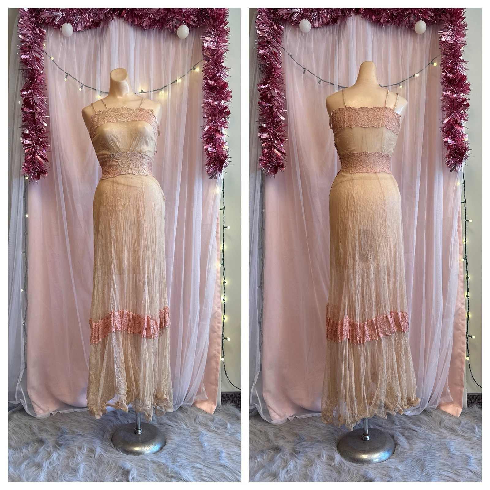 Vintage 30s Art Deco Lace Boudoir Gown Dress Sheer Very Flawed Study XXS XS