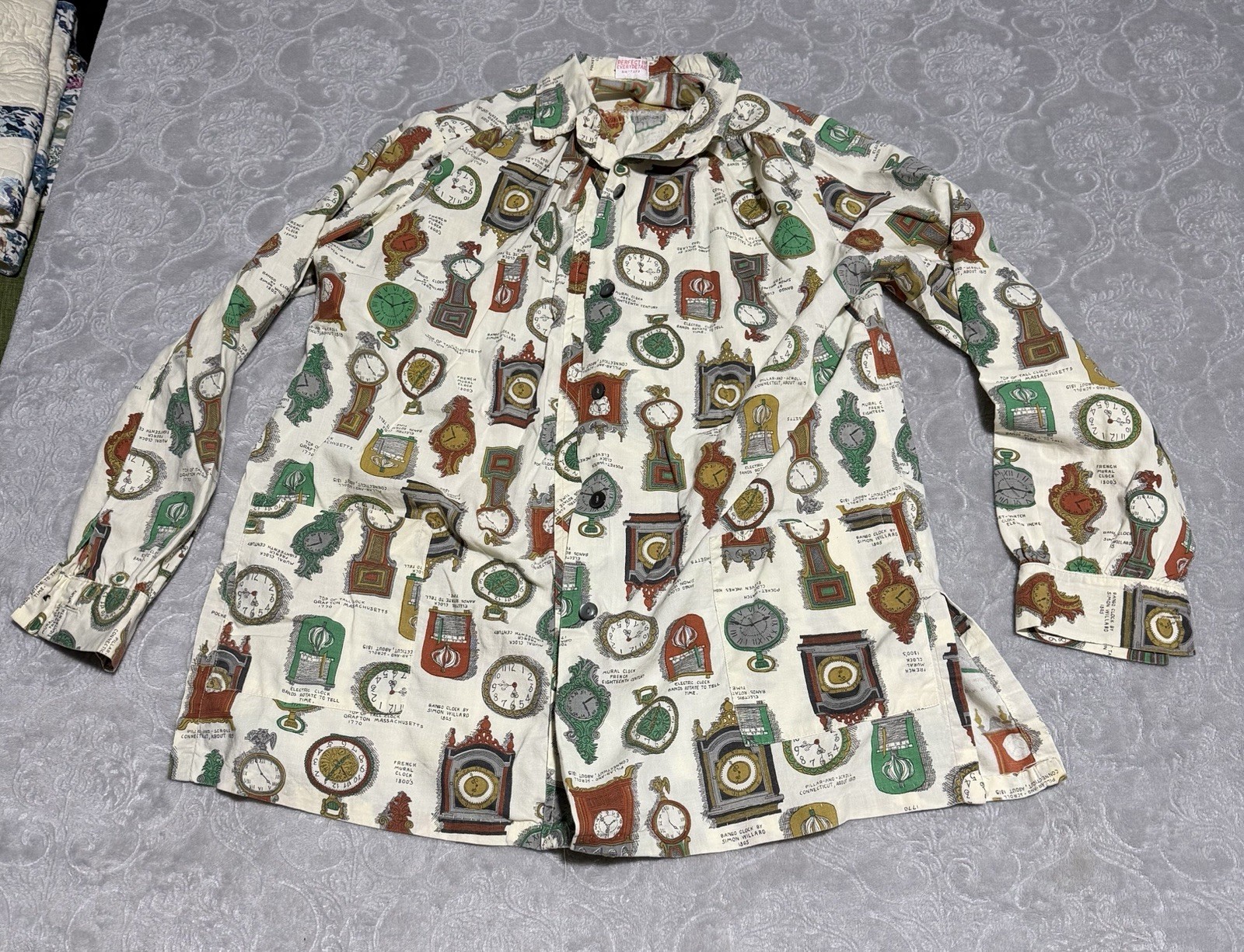 1940s 50s Vtg Wayne Maid Blouse Novelty Print Clocks Buttons : Large?