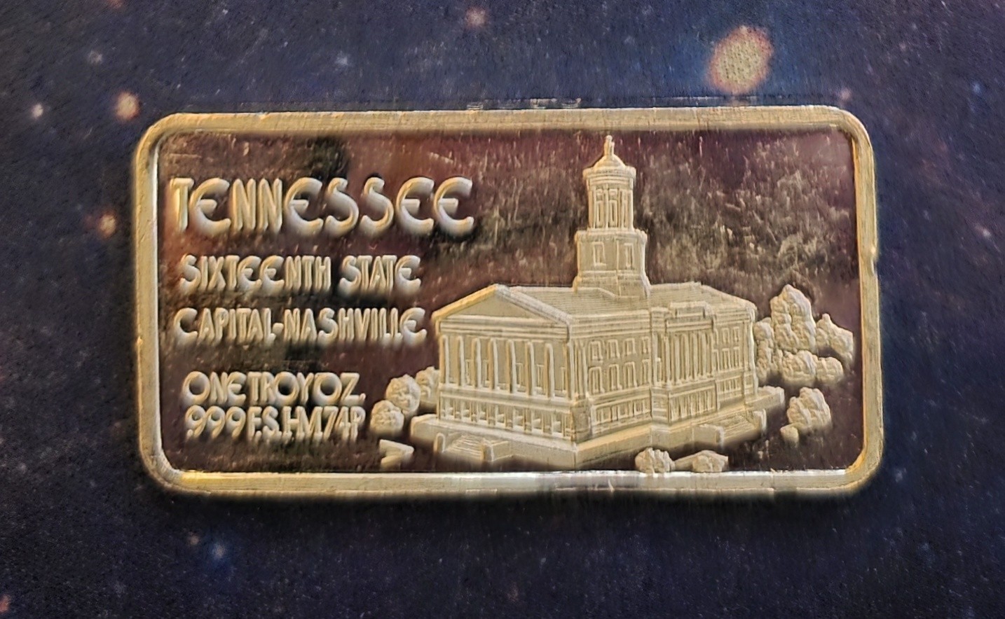 1974 Tennessee 16th State 1(Troy) oz  .999 Fine Silver Hamilton Mint Art Bar