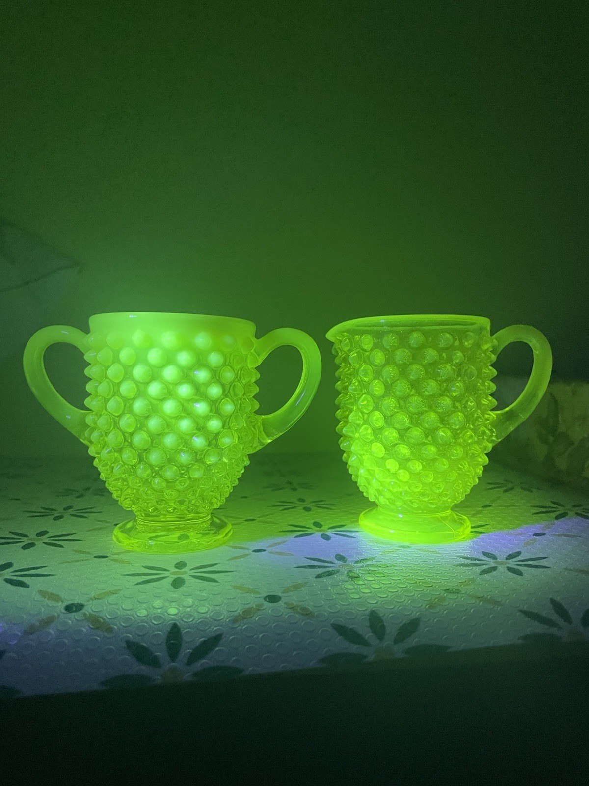 Fenton Topaz Hobnail Vaseline Glass Sugar & Creamer Set - Vintage - IT GLOWS