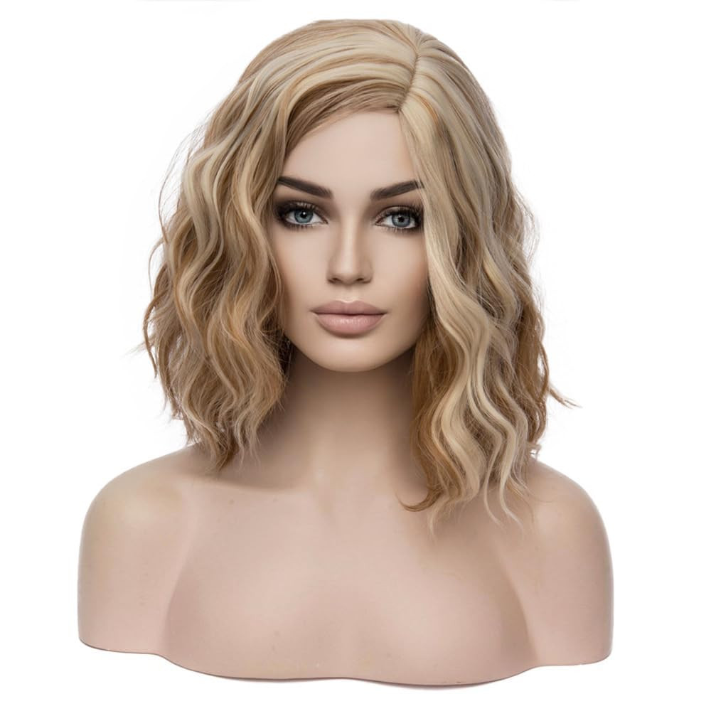 Blonde Brown 14'' Wigs for Women Girls Short Curly Wavy Wig 35 Cm Side Part Shou