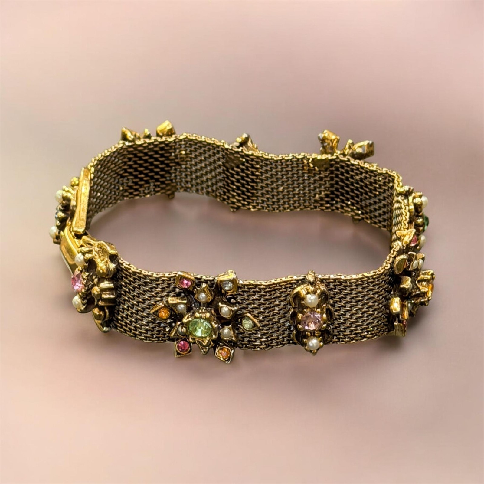 VTG Hollycraft? multicolor rhinestone / pearl mesh gold tone bracelet unsigned VTG Hollycraft? multicolor rhinestone / pearl mesh gold tone bracelet unsigned