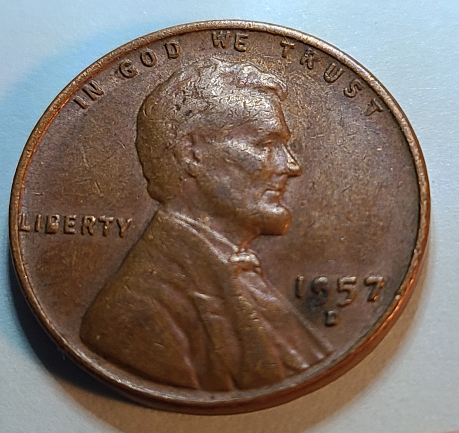 1957 D Wheat Cent DDO AND with a die chip on B in LIBERTY,and in 9 on the date