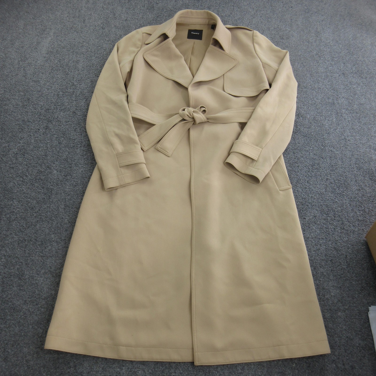 Theory Coat Womens Small Beige Admiral Crepe Trench Belted Long Lined Classic