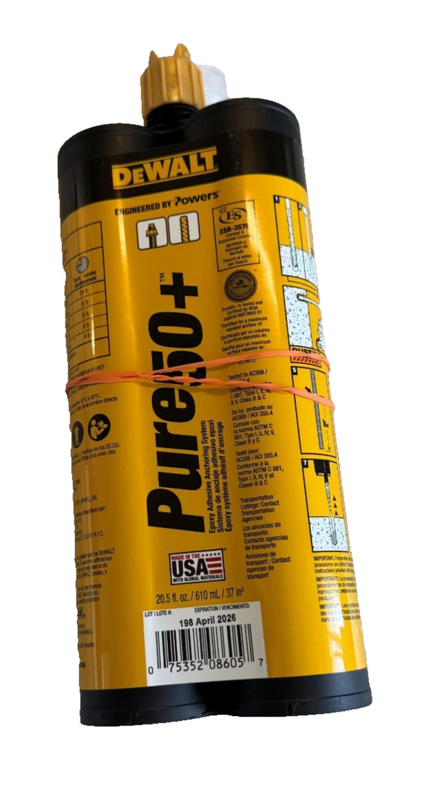 DEWALT Pure50+ Epoxy Injection Adhesive Anchoring System - 20.5 fl.oz DEWALT Pure50+ Epoxy Injection Adhesive Anchoring System - 20.5 fl.oz