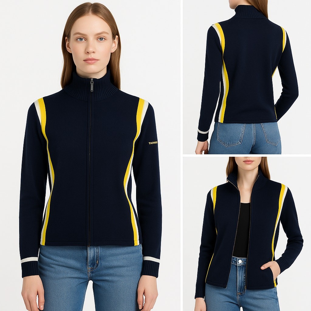 VTG Burberry Golf Italy Knit Track Jacket Navy Yellow Stripe  Y2K Sportcore S