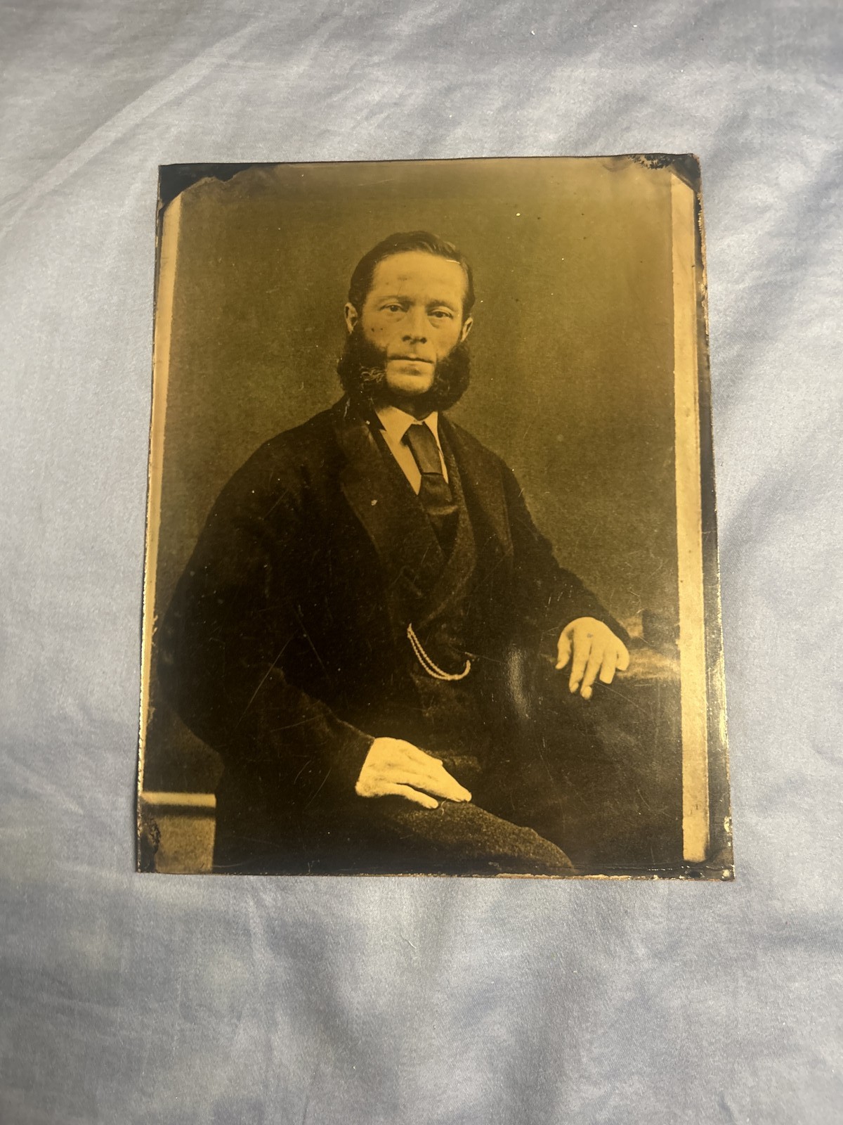 Antique Full Plate Tintype Victorian Man Mutton Chop Sideburns Watch Chain