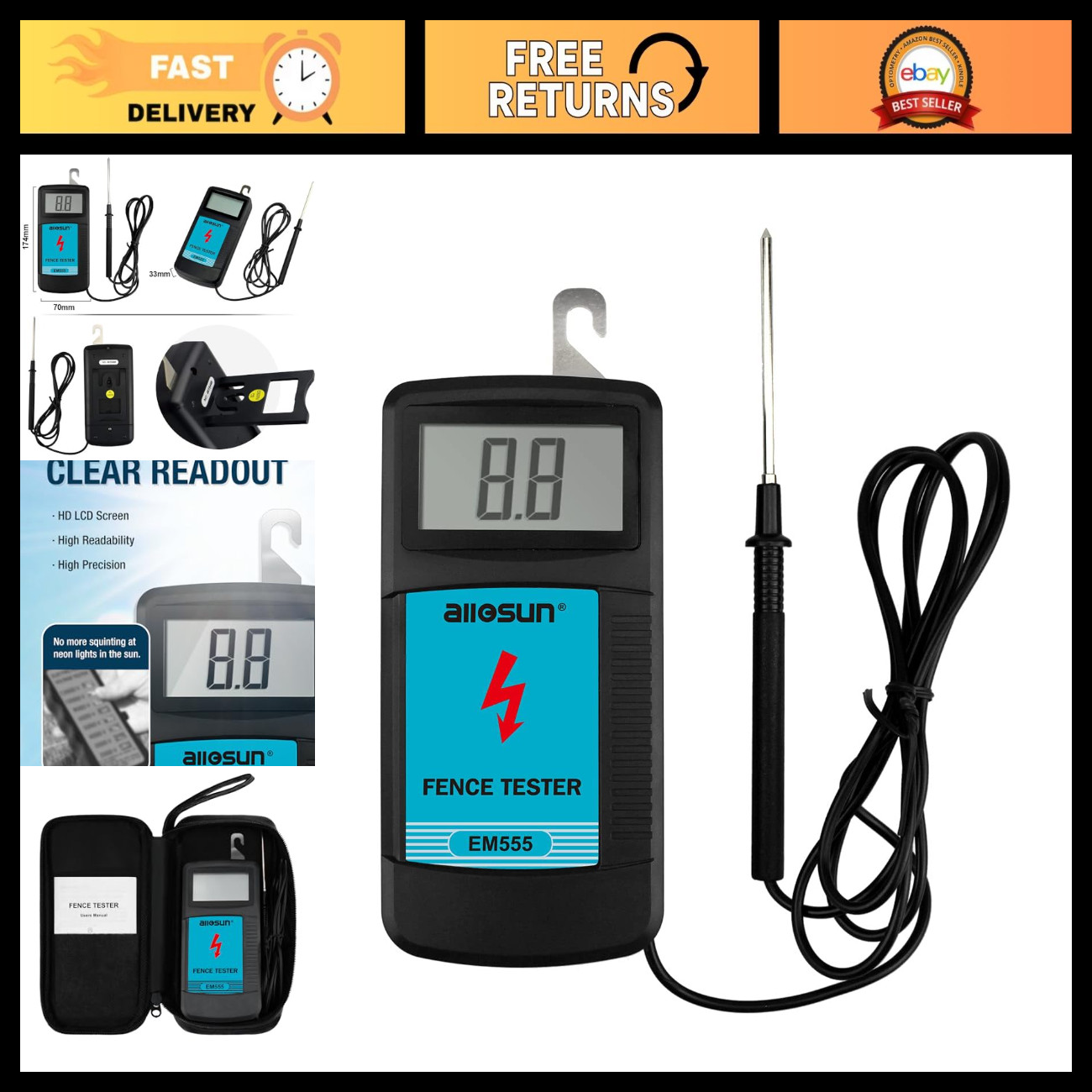 Digital Electric Fence Tester - Voltage Fault Finder, Max 9.9kV, Blue, Easy Use
