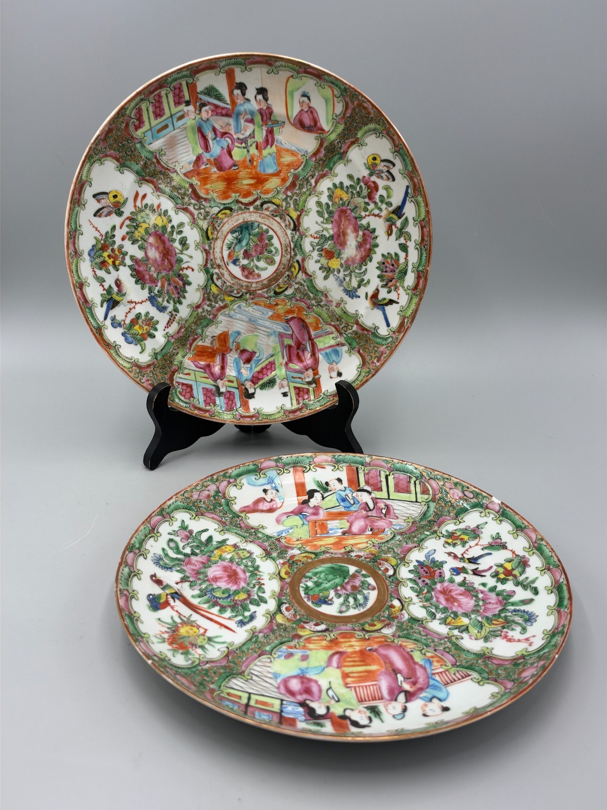 Pair Antique 19th c. Chinese Canton Rose Medallion Porcelain Plates 9 3/4\'\'