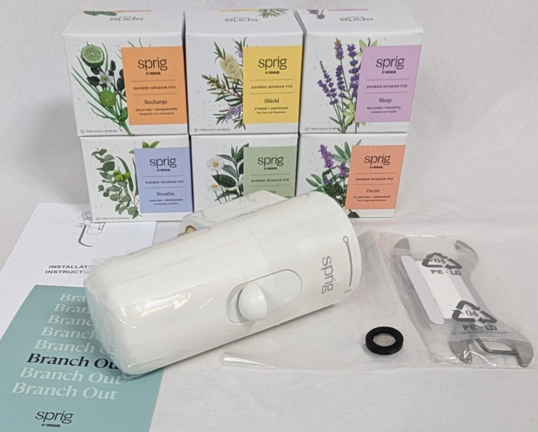 NEW Kohler Sprig Shower Infusion Wall Kit White Chrome +6 Scent Pod Variety Pack
