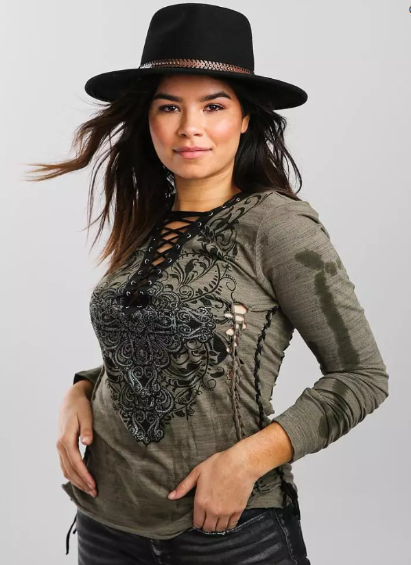 New Women's Affliction Long Sleeve Vintage Lace Charlotte Oak Green T-Shirt Top New Women's Affliction Long Sleeve Vintage Lace Charlotte Oak Green T-Shirt Top