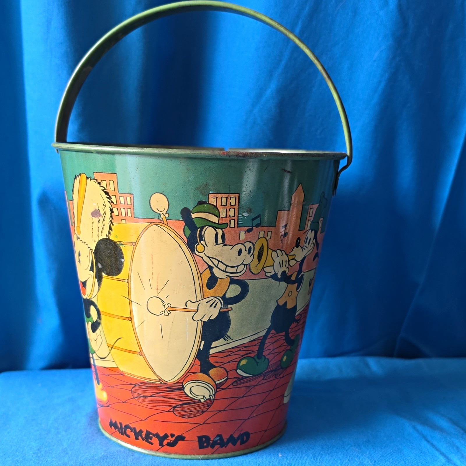 1930's Walt Disney Enterprises Mickey’s Band Tin Pail Bucket w/ Mickey & Minnie 1930's Walt Disney Enterprises Mickey’s Band Tin Pail Bucket w/ Mickey & Minnie