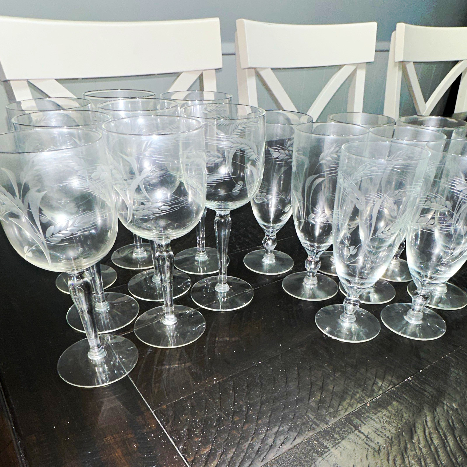 24 pc Clear Etched Stemmed Glassware Set Wine Champagne & Coupe Glasses 24 pc Clear Etched Stemmed Glassware Set Wine Champagne & Coupe Glasses