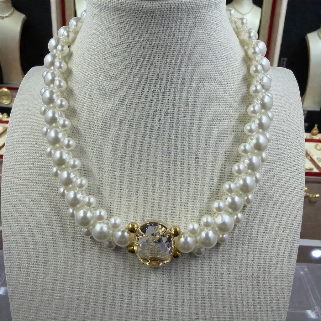 Vintage Hong Kong Faux Pearl Statement Necklace Clear Rhinestone 17\
