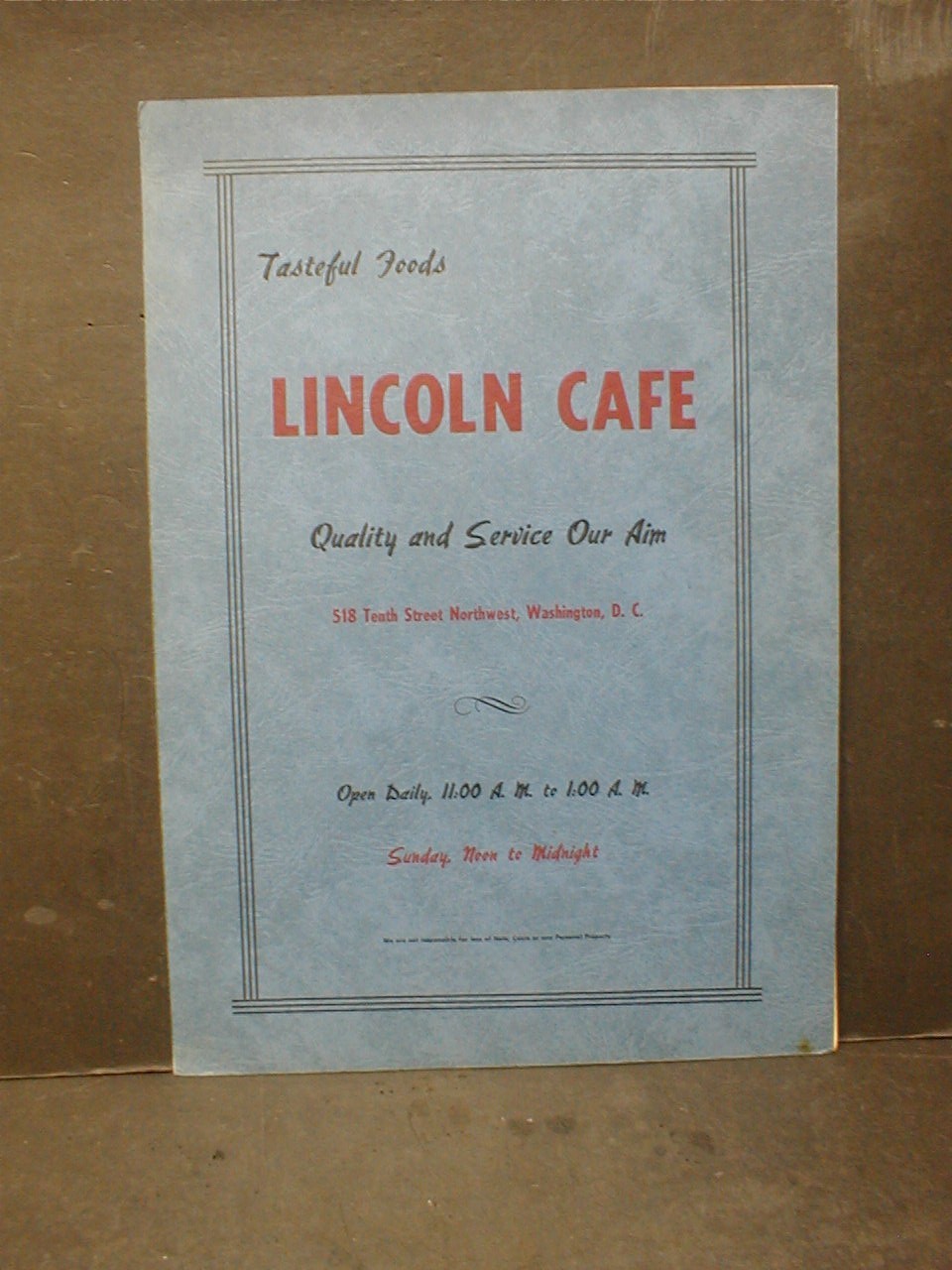 VINTAGE 1950's LINCOLN CAFE MENU - WASHINGTON D.C.