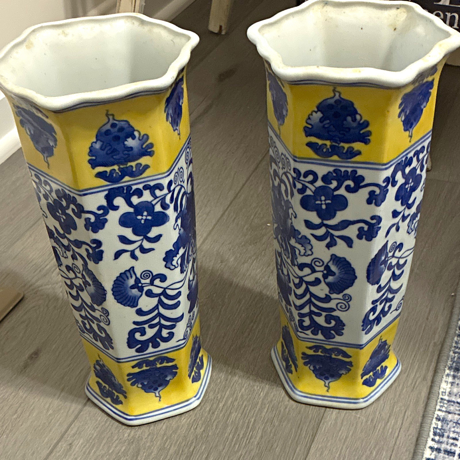 Chinese Pair Blue & White Porcelain Hexagon Vases with Yellow Panels