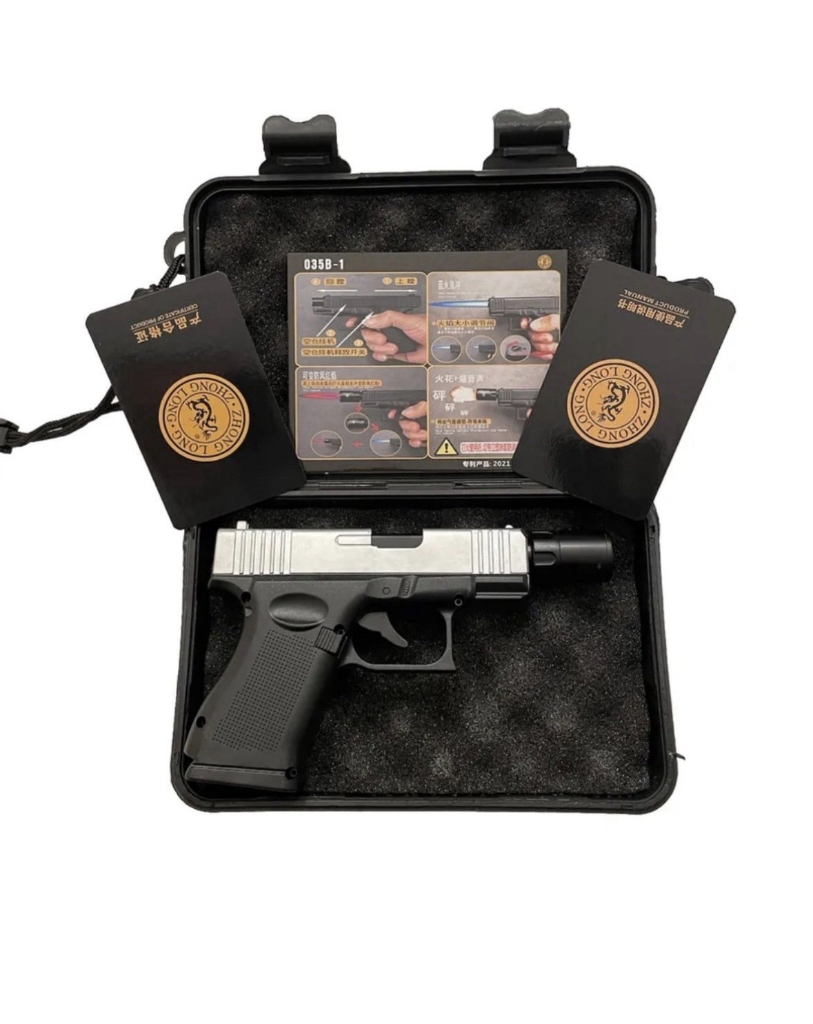 Gun Shaped Lighter METAL Fine Quality W/ Case & Barrel Attachment Black Gun Shaped Lighter METAL Fine Quality W/ Case & Barrel Attachment Black