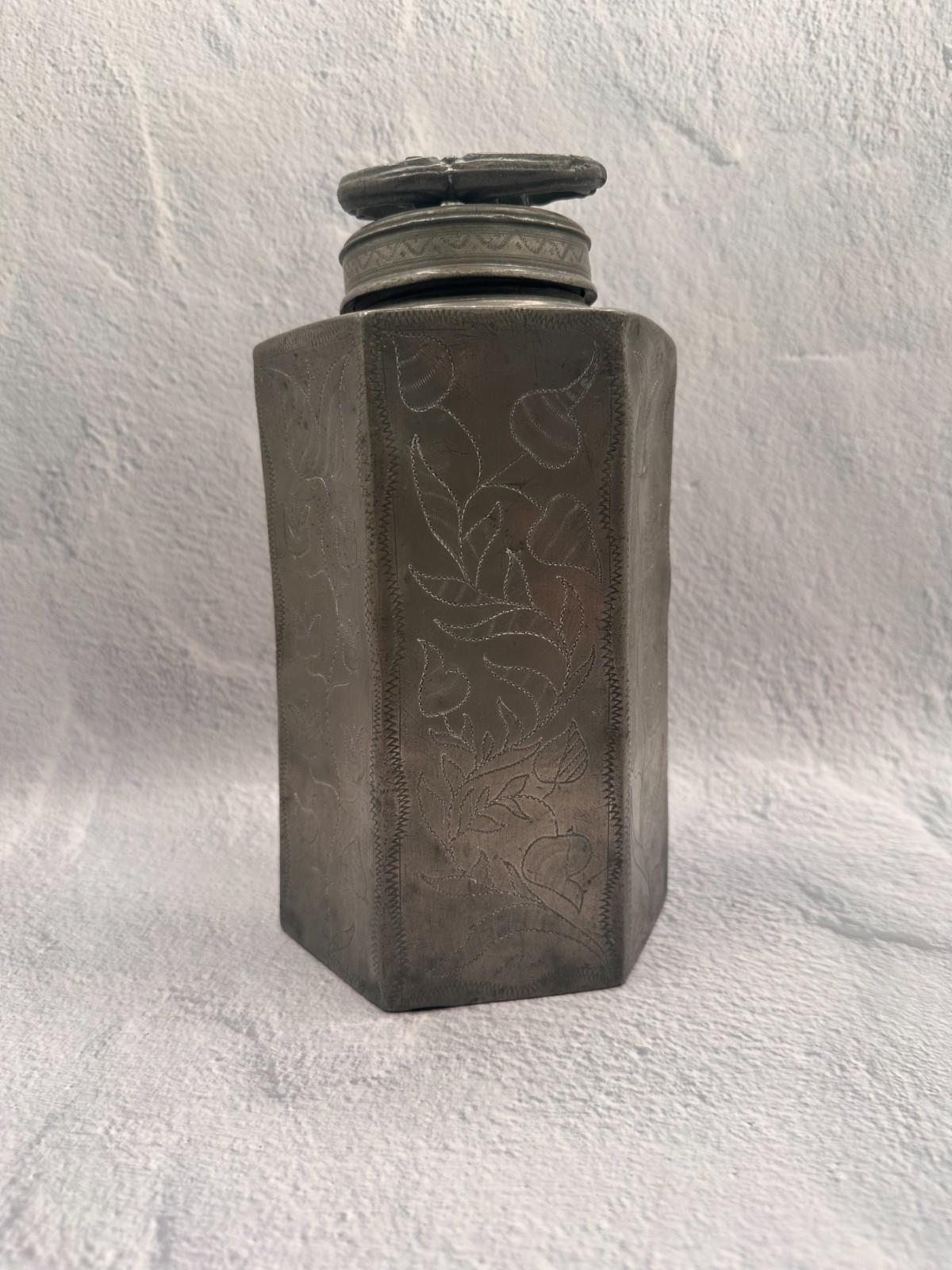 Antique Engraved Pewter Tea Caddy Britannia Metal Canister Monogram P.R.M.