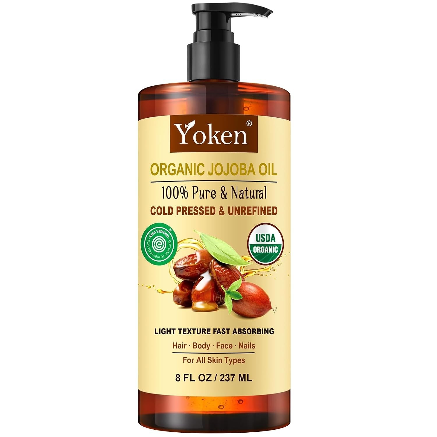 Yoken Pure Jojoba Oil Organic USDA Certified 8 Fl Oz (Pack of 1), Golden