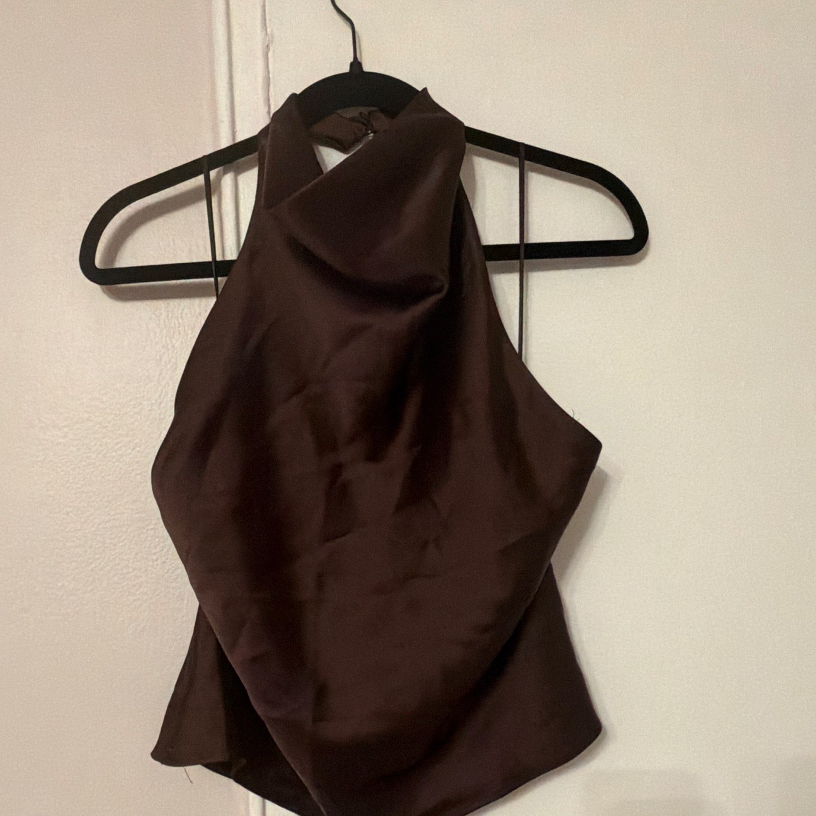 Zara Brown Satin Halter Top Backless Tie-Back Sleeveless Women’s Size L
