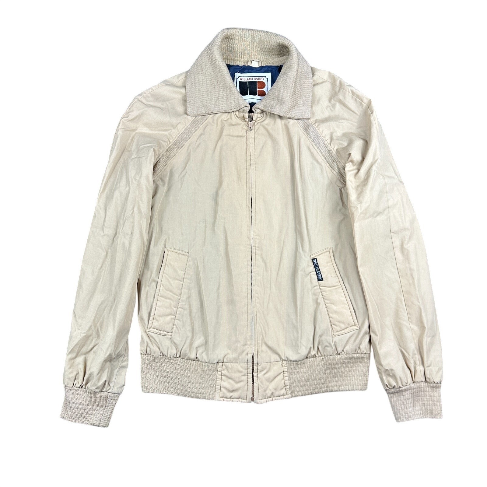 VTG 70s William Barry Bomber Jacket Men Beige Ribbed Trim Raglan Sleeve Full Zip