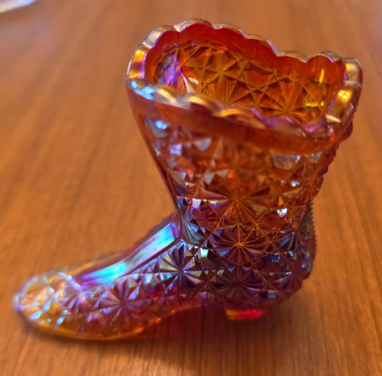 Vintage Fenton Daisy & Button Amberina Glass Boot Figurine High Top Shoe