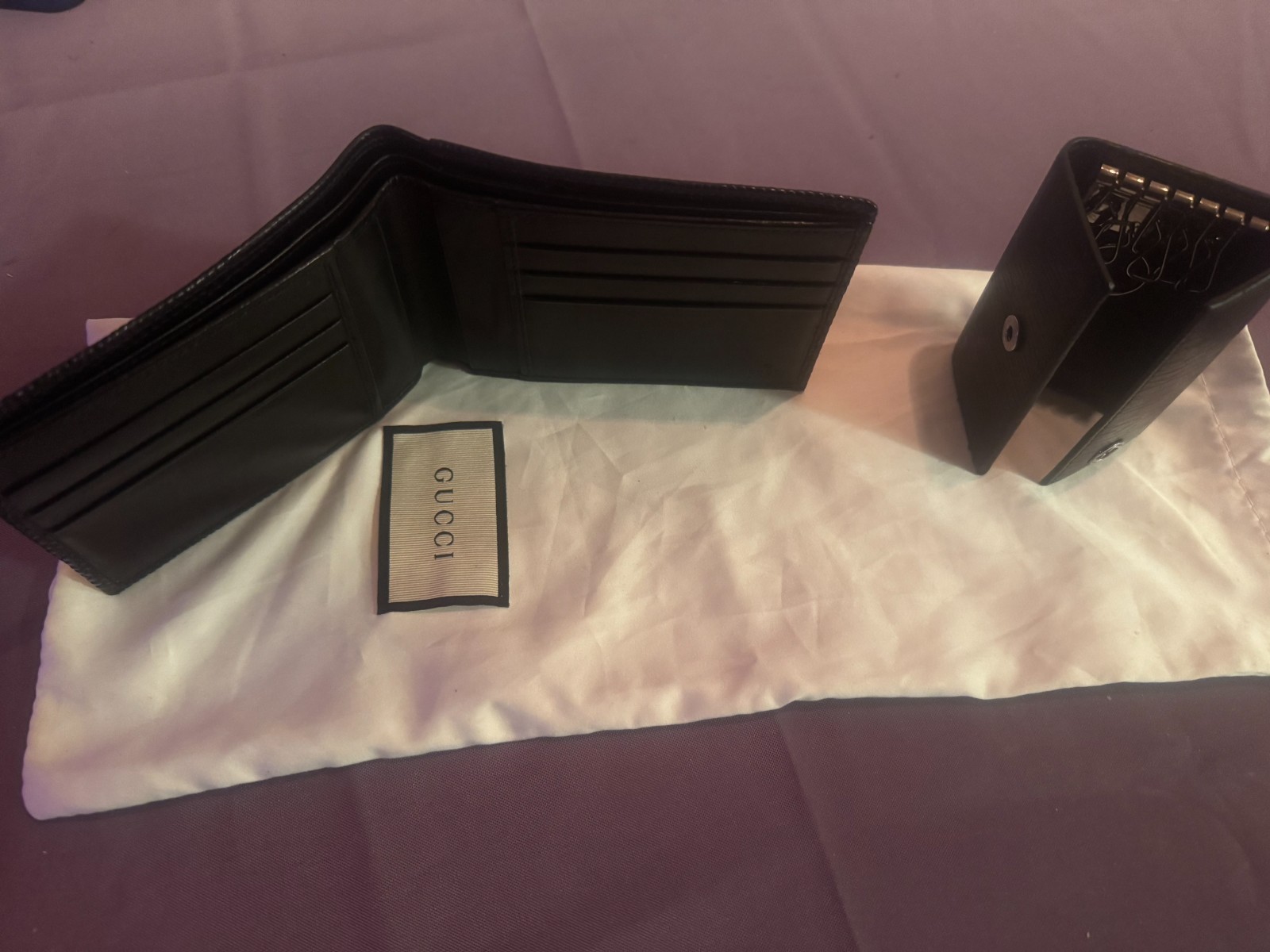Authentic GUCCI Men\'s Black Leather Bifold Wallet & Key Case Set