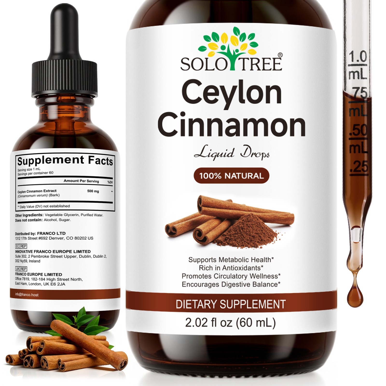 60ML Ceylon Cinnamon Liquid Drops 100% Natural Dietary Supplement for Metabolic 