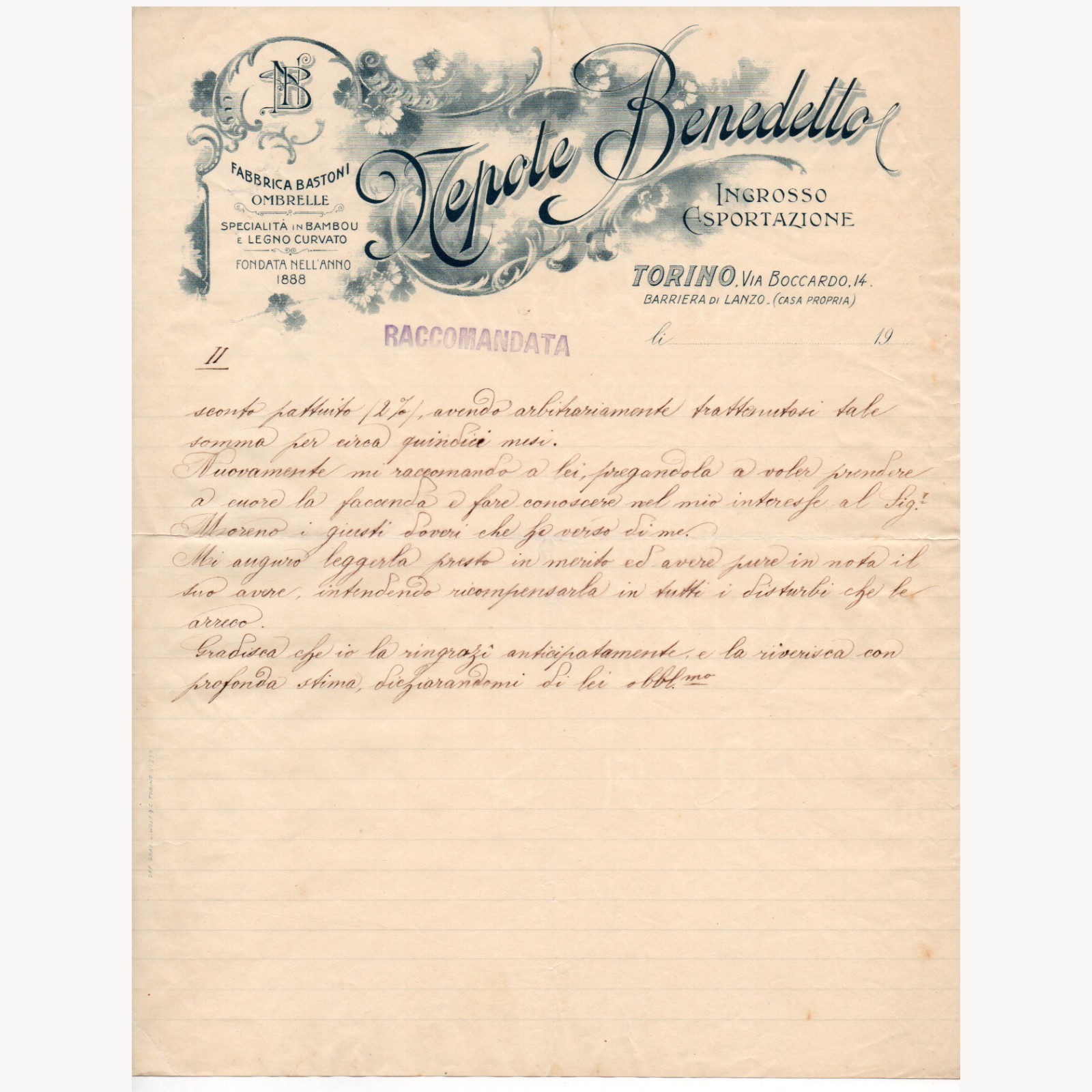C19th Italian Illustrated Letterhead Bill | Umbrella Co. Trade History Ephemera